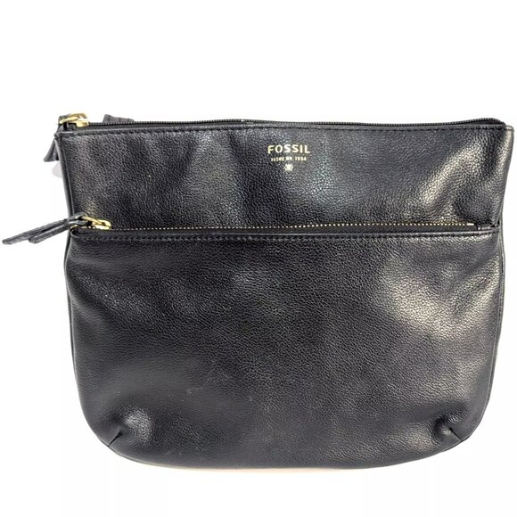Fossil Black Textured Leather Small Crossbody Bag Purse Brass Hardware - Picture 1 of 8